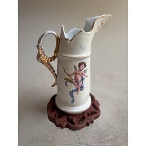Victoria Carlsbad Austrian Cherub with Snake Handle Gilded Pitcher 1895 Antique